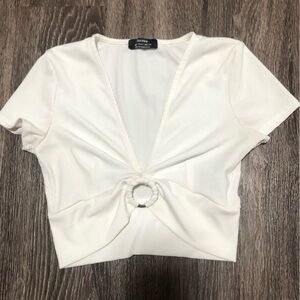 Bershka White Ribbed Ring Detail O-Ring Crop Top - Small